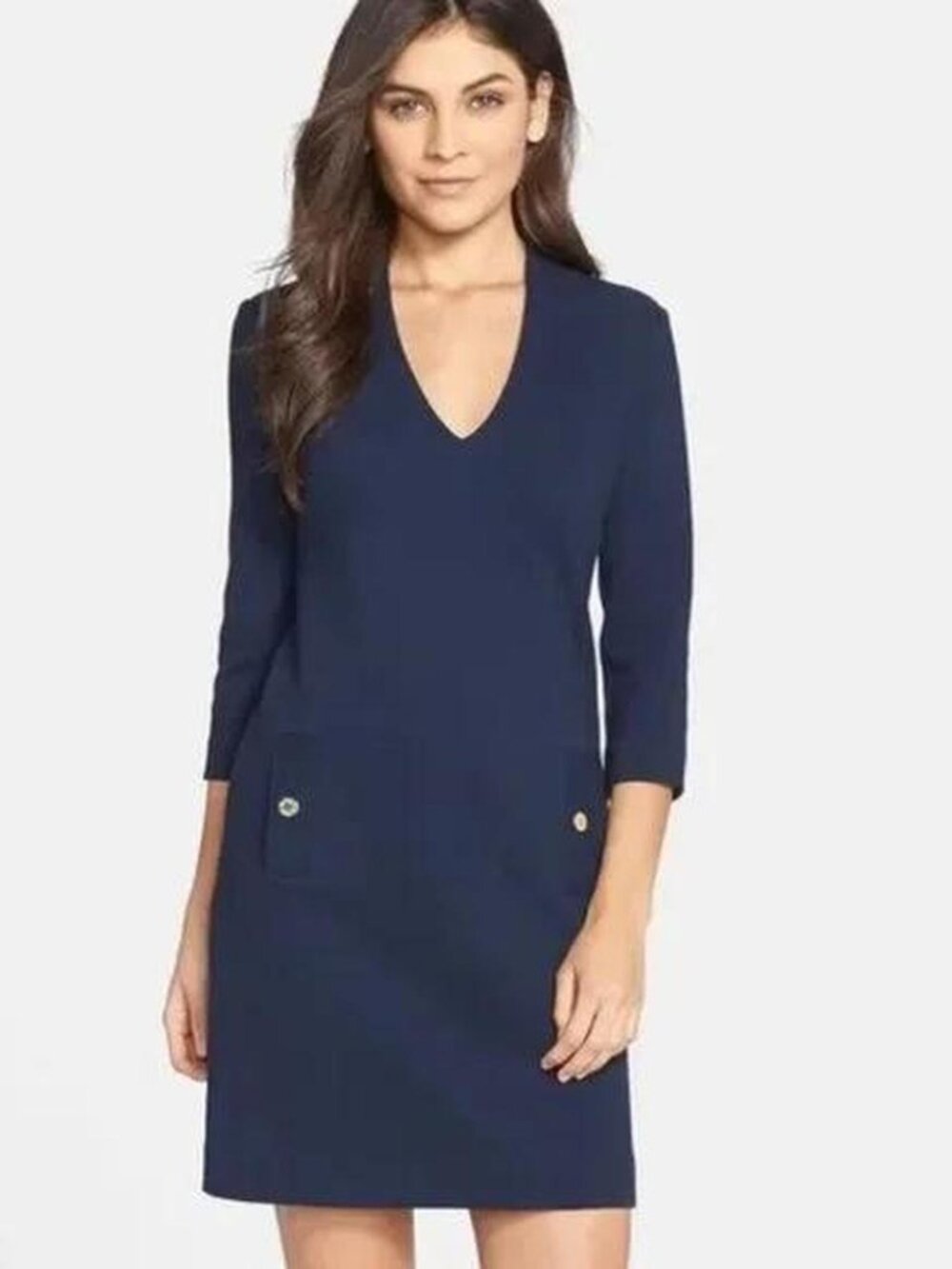 Lilly Pulitzer Navy Long Sleeve V-Neck Shift Dress with Gold Buttons